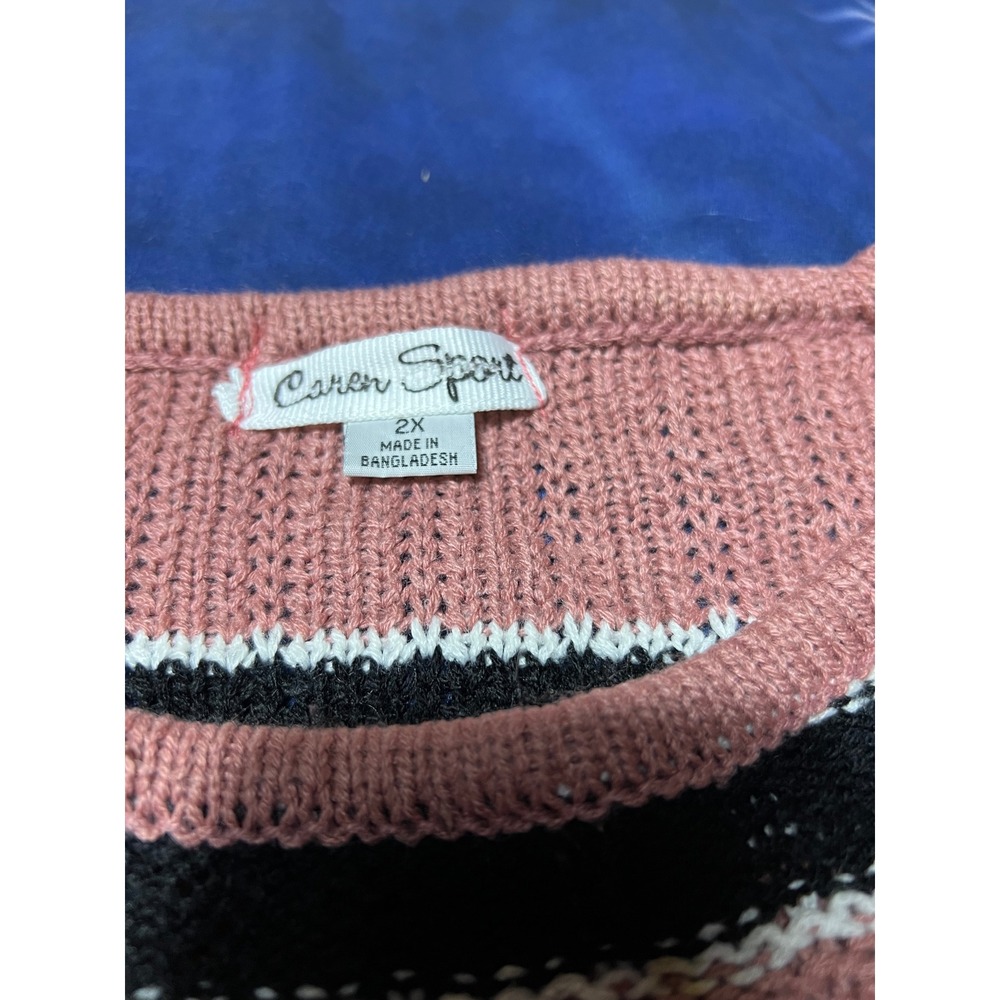 Caren Sport Women 2X Pink Black Striped Knit Sweater Side Slit Long Sleeve